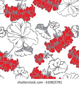 Floral pattern geranium bouquets and leaves background. Hand drawn vector flower elements.