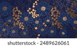 Floral Pattern of Gold Metallic Contour Flowers and Leaves on a Dark Navy Blue Backdrop. Luxurious Art Deco Wallpaper Design for Print, Poster, Cover, Banner, Invitation, Package, Beauty Products.