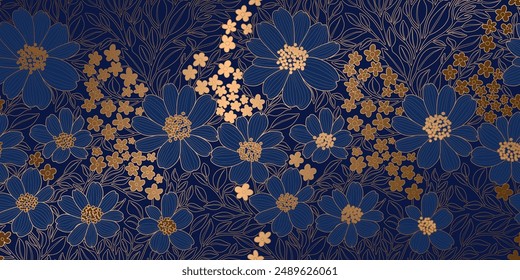 Floral Pattern of Gold Metallic Contour Flowers and Leaves on a Dark Navy Blue Backdrop. Luxurious Art Deco Wallpaper Design for Print, Poster, Cover, Banner, Invitation, Package, Beauty Products.