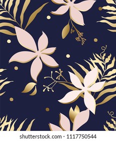 Floral pattern. Gold textured leaf. Elegante design for paper, cover, fabric, interior decor. Tropical leaves. Vector illustration