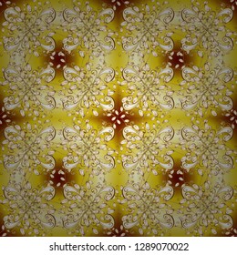 Floral pattern. Golden elements on beige and yellow colors. Stylish graphic pattern. Seamless vector background. Wallpaper baroque, damask.