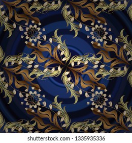 Floral pattern. Golden elements on blue, gray and brown colors. Stylish graphic pattern. Seamless vector background. Wallpaper baroque, damask.