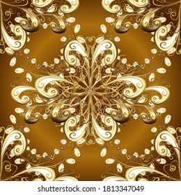 Floral pattern. Golden elements on brown and beige colors. Wallpaper baroque, damask. Stylish graphic pattern. Vector background.