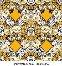 Floral pattern. Golden elements on yellow background. Stylish graphic pattern. Wallpaper baroque, damask. Seamless vector background.