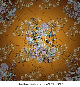 Floral pattern. Golden elements on yellow background. Stylish graphic pattern. Wallpaper baroque, damask. Vector background.