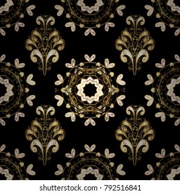 Floral pattern. Golden elements on black colors. Stylish graphic pattern. Wallpaper baroque, damask. Seamless vector background.