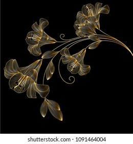 Floral pattern with golden flower lily. Element for design. Hand-drawing vector illustration.