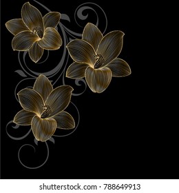 Floral pattern with golden flower lily. Element for design. Hand-drawing vector illustration.