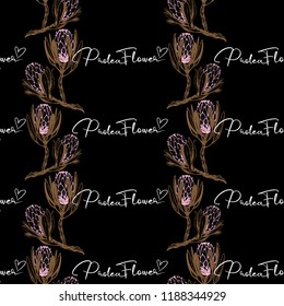 Floral pattern with golden pink vintage protea flower sign and protea flower branch. Seamless background for fabric design. Cute and beautiful watercolor vector illustration on black backdrop.