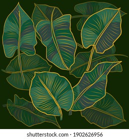 Floral pattern, Golden split-leaf Philodendron plant with monstera plant line arts. Luxury gold and nature green background vector. Vector illustration.