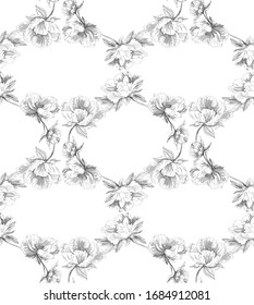 Patrón floral con flores gráficas en círculos de estilo toile de jouy negro y blanco