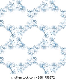 Floral pattern with graphic flowers in circles in toile de jouy style, blue on white background