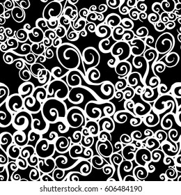 Floral pattern graphic ornament leaves and stems. Hand drawn vector curves floral plants swirly flowers black and white.