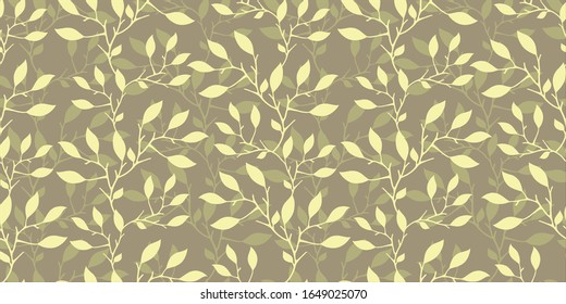 Blumenmuster, grau und blaue Äste mit Blättern auf beigem Hintergrund, Vektorillustration, für die Gestaltung von Tapeten aus Spinnstoffen
