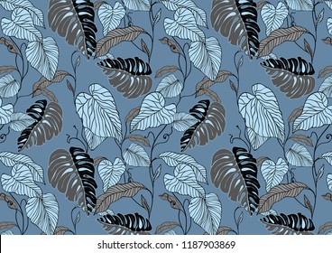 Floral pattern, green, black and white split-leaf Philodendron plant with vines on white background, pastel vintage theme