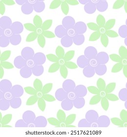 Floral pattern. Green and lilac inflorescence of blooming plant. Seamless vector pattern. Isolated background. Endless summer ornament of opened flower buds. Cartoon style. Delicate floral background.