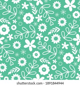 Floral pattern in green. Nature vector seamless repeat of flowers and leaves in a tossed design. 