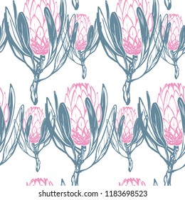 Floral pattern with green protea flowers: filled and outline. Seamless background for fabric design. Cute and beautiful vector illustration on white backdrop.
