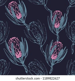 Floral pattern with green protea flowers: filled and outline. Seamless background for fabric design. Cute and beautiful vector illustration on black backdrop.