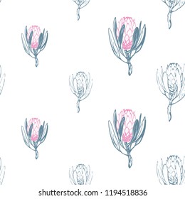 Floral pattern with green protea flowers: filled and outline. Seamless background for fabric design. Cute and beautiful vector illustration on white backdrop.