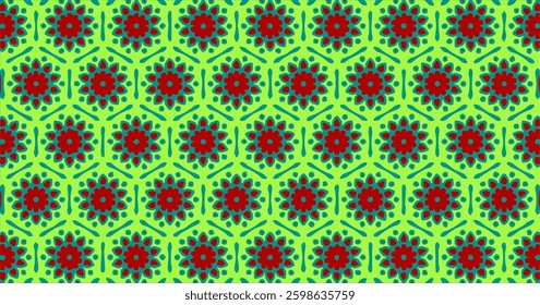 A floral pattern with green and red flowers on a bright green background, offering a fresh and natural feel.