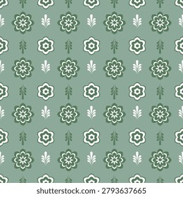 Floral pattern with green and white flowers and leaves on muted green background, creating calm and harmonious decorative design for textiles or wallpapers