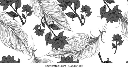Floral pattern grey peony and feather  hand drawn flower , in vector,  wallpaper, textile, fabric