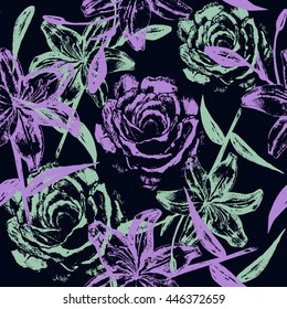 floral pattern, hand drawing, black background