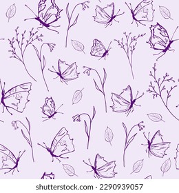 Floral pattern of hand drawn butterflies. Retro vintage style. Seamless pattern. Vector illustration.