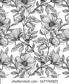 Floral pattern, hand drawn flowers, leaf,  branches and foliage. Vector artwork background in line-art style. can be used for wallpaper, pattern fills, web page background, surface textures. 