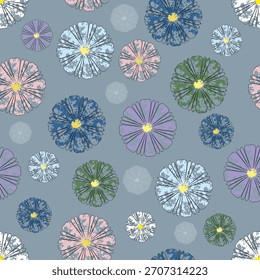 Floral pattern with hand drawn flowers in soft pastel colors on blue background. Decorative repeated design for fabric, wallpaper, kids fashion, wrapping paper and stationery.