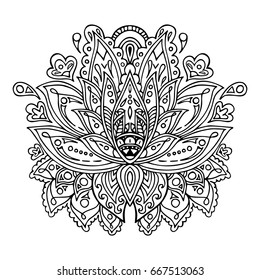 Floral pattern with hand drawn lotus flowers. Decorative abstract floral monochrome water lilies pattern