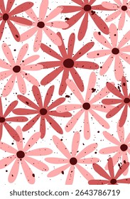 floral pattern with hand drawn pink daisy flowers and splatter texture on white background for fabric, wrapping, wallpaper and modern spring design