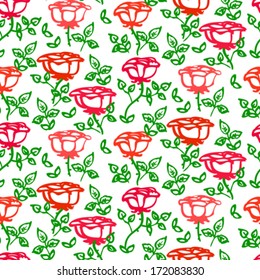 Floral pattern with hand drawn red roses with leaves on white. Texture for print, textile, fabric, spring summer fashion, Victorian wallpaper, vintage home decor, wedding invitation background