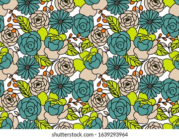 Floral pattern in hand drawn style with peony flowers and petals. Flowerbed green and blue repeat background.