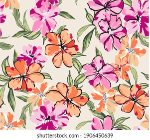 Floral pattern in hand drawn style for fashion, fabric and all prints on ecru background