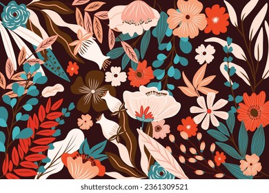 Floral pattern in hand drawn style for fashion, fabric and all prints on ecru background