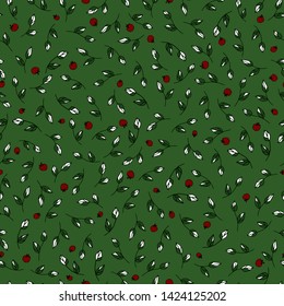 Floral pattern. Hand drawn twig with leaf and berry. For wrapping paper, fabric, poster, cover.