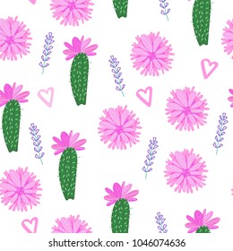 Floral pattern hand drawn. Vector illustration of flowers, lavender, leaves, cactus isolated on white background. Seamless pattern