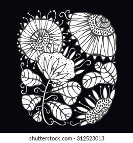 Floral pattern. Hand drawn white flowers on black background.