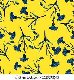 Floral pattern with hand-drawn cornflowers. Botanical motifs scattered randomly. Seamless vector texture. Printing in hand-drawn style on the yellow background.