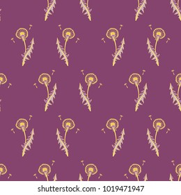 Floral pattern with hand-drawn dandelions. Botanical motifs scattered in order. Seamless vector texture. Printing in hand-drawn style on the violet background.