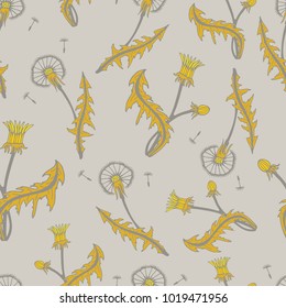 Floral pattern with hand-drawn dandelions. Botanical motifs scattered randomly. Seamless vector texture. Printing in hand-drawn style on the grey background.