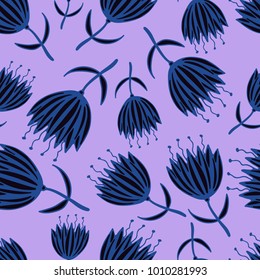 Floral pattern with hand-drawn fantasy flowers. Botanical motifs scattered randomly. Seamless vector texture. Printing in hand-drawn style on the blue background.