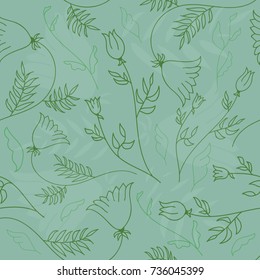 Floral pattern with hand-drawn fantasy flowers. Botanical motifs scattered randomly. Seamless vector texture. Printing in hand-drawn style on the violet background.