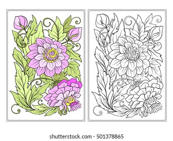 Floral Pattern with hand-drawn flowers. Anti stress coloring book for adult. Outline drawing coloring page with colored sample