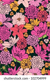 Floral Pattern with hand-drawn flowers. Brightly-colored seamless wallpaper