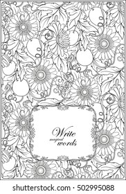 Floral Pattern with hand-drawn flowers with space for text. Anti stress coloring book for adult. Outline drawing coloring page.