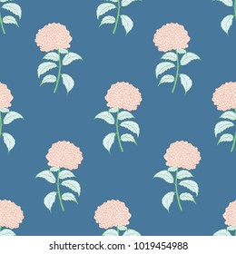 Floral pattern with hand-drawn hydrangeas. Botanical motifs scattered in order. Seamless vector texture. Printing in hand-drawn style on the blue background.