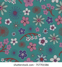 Floral pattern with hand-drawn many kinds of flowers. Botanical motifs scattered randomly. Seamless vector texture. Printing in hand-drawn style on the blue background.